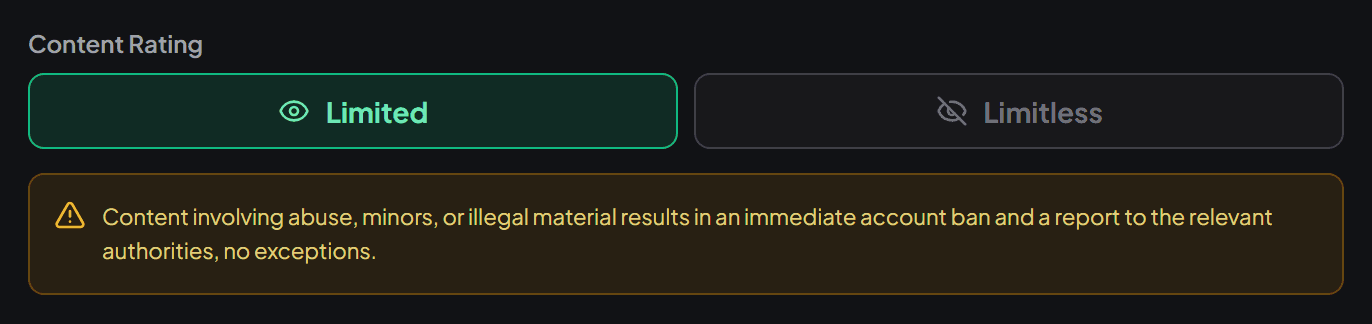 The Content Rating toggle in the character creator, set to Limited, with a warning about illegal content resulting in an account ban