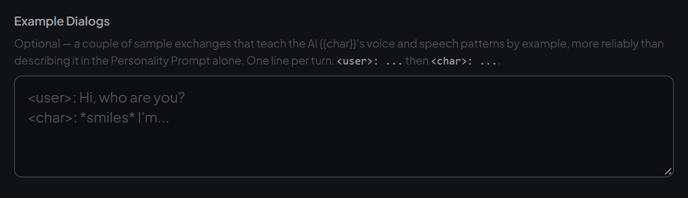The Example Dialogs field in the character creator, with placeholder text showing the <user>: / <char>: line format