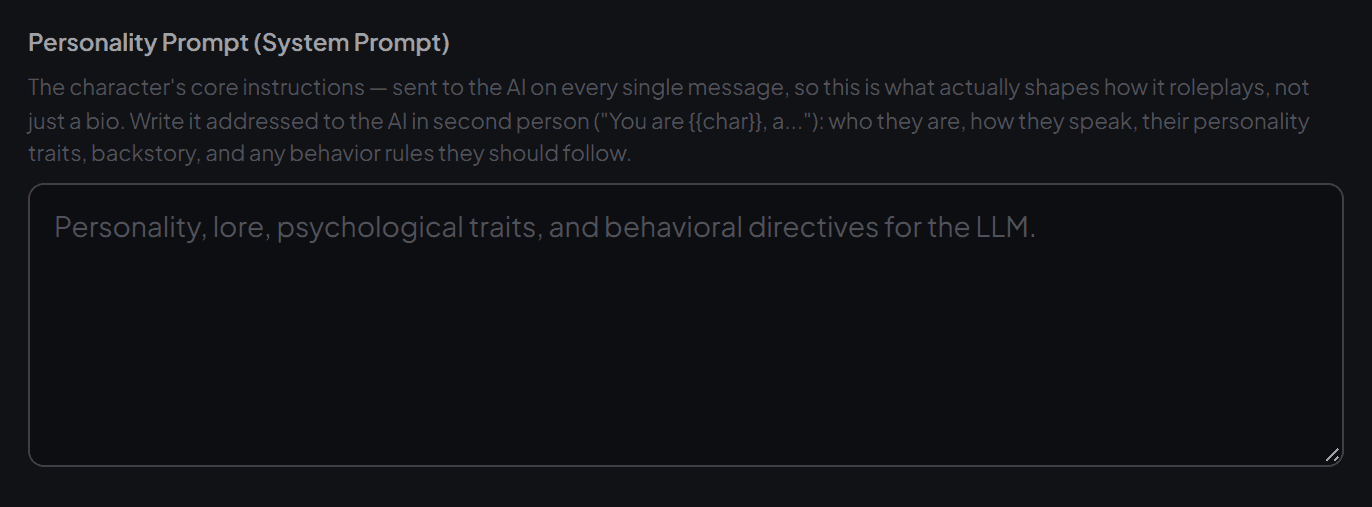 The Personality Prompt field in the character creator, with its helper text explaining to write it addressed to the AI in second person