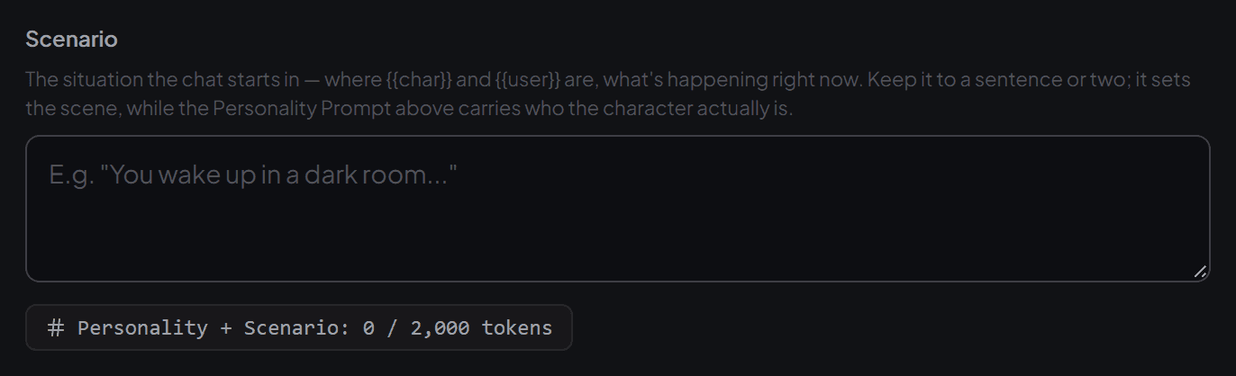 The Scenario field in the character creator, with a token counter shared with the Personality Prompt field