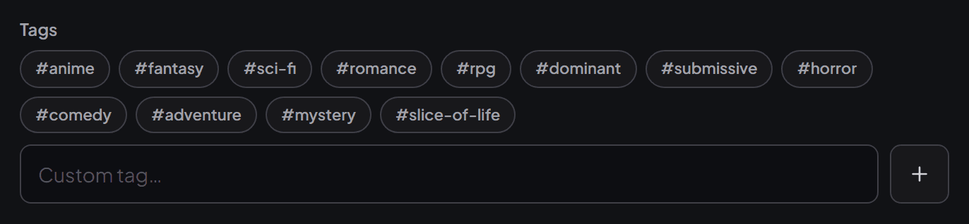The Tags picker in the character creator, showing a grid of standard tag chips and a custom tag input